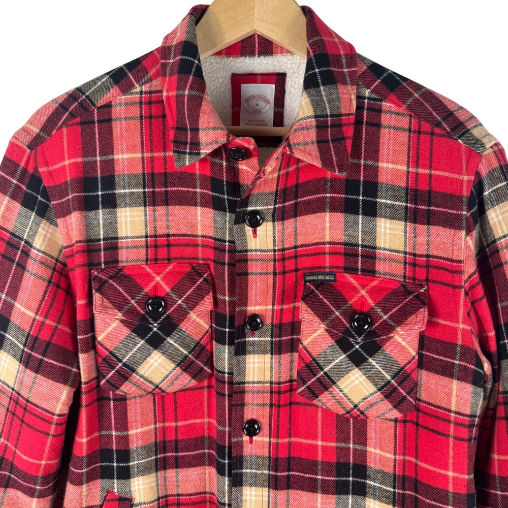 Brooks Brothers 1818 Sherpa Lined Plaid Flannel Shirt Jacket Mens M Sherling Red